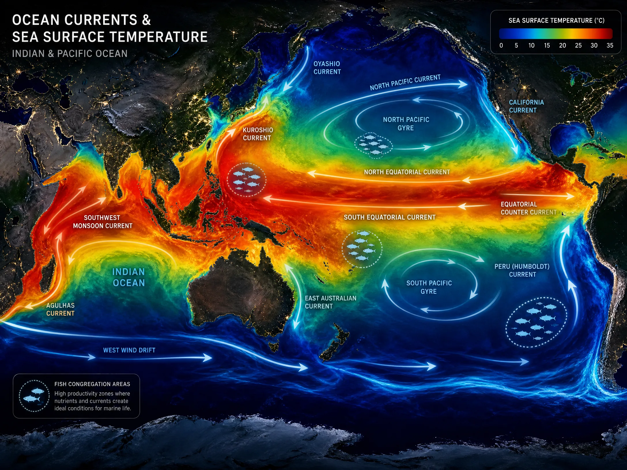 全球洋流与海温实时‍卫星数据可视​化地图